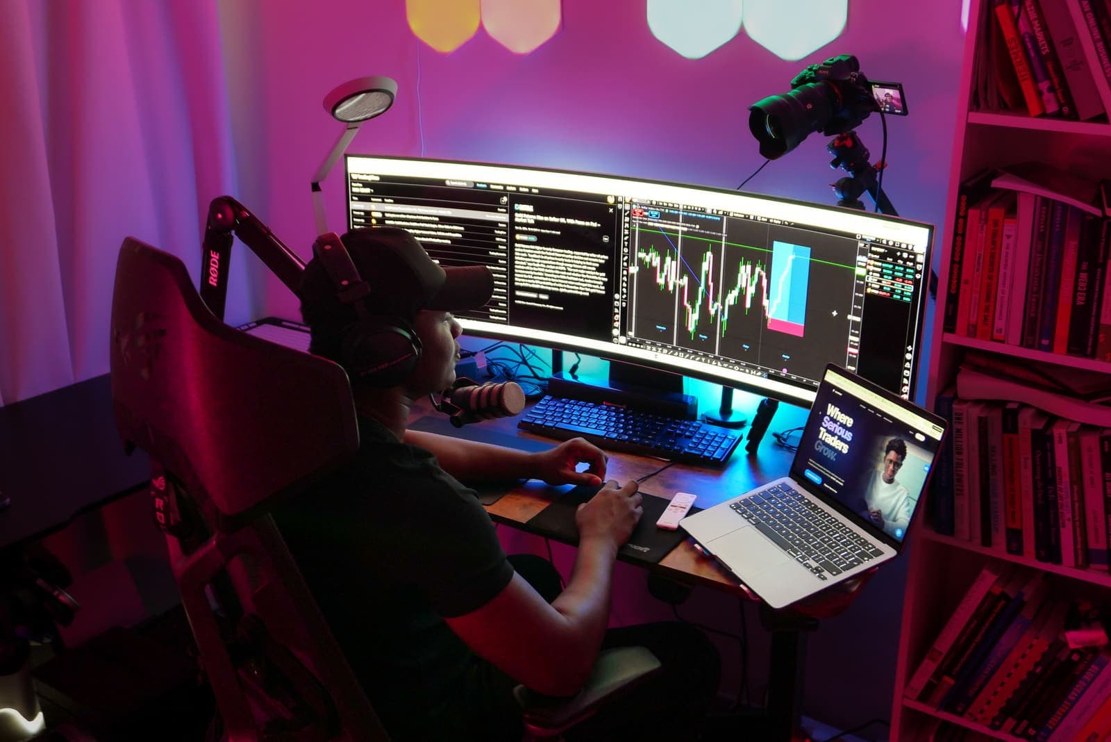 KojoForex at 02:00 GMT trading gold on an ultrawide monitor in a neon-lit room